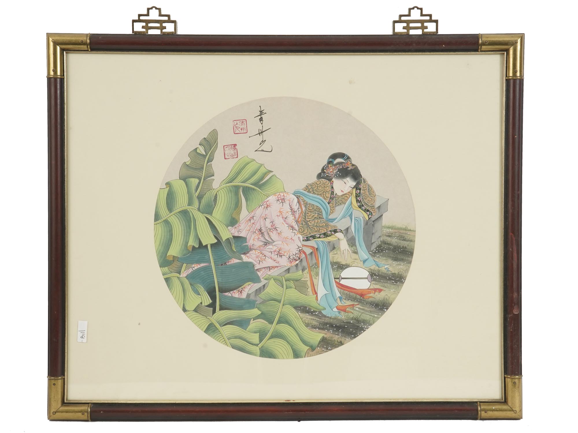 CHINESE PAINTING FEMALE PORTRAIT IN GARDEN SIGNED PIC-0